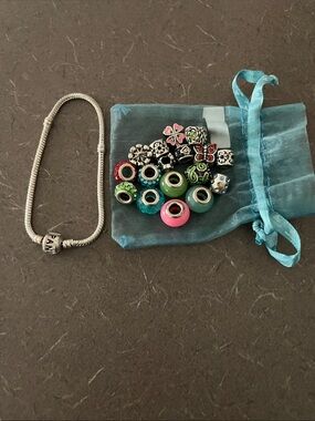 Pandora Silver Bracelet with Turquoise, Pink, Green & Red Charms. As is